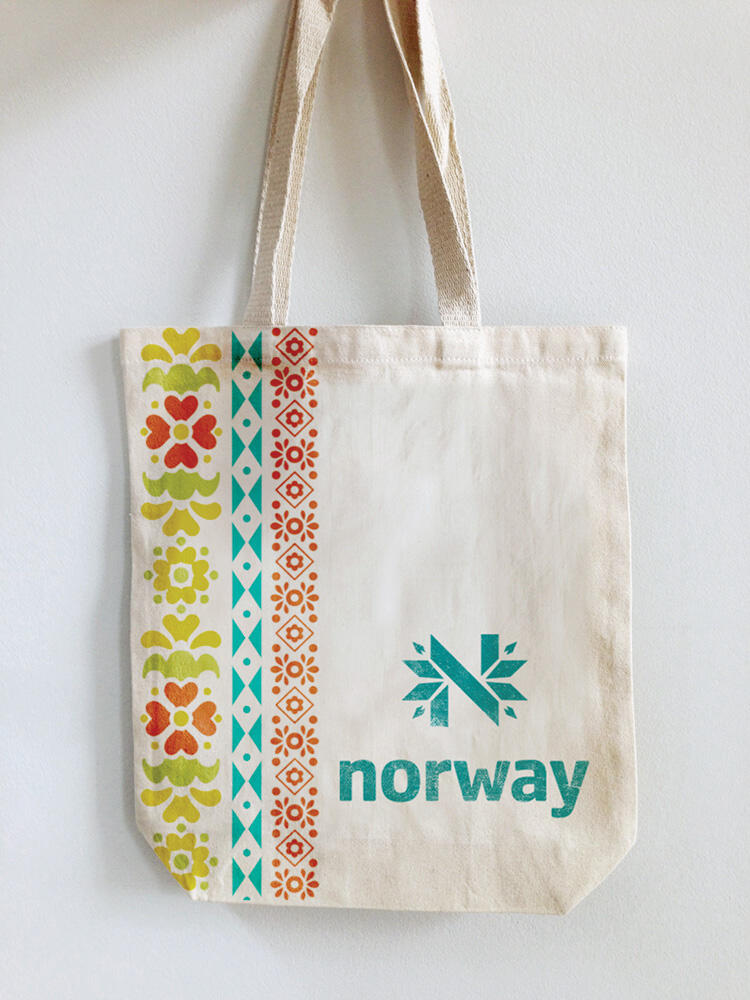 canvas tote bag with norway logo and ribbon designs printed on
