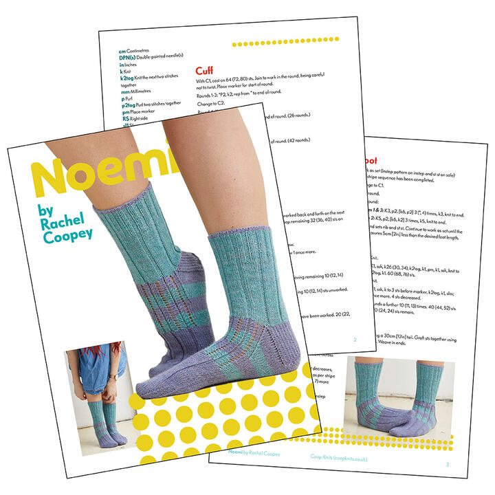 mockup of a knitting pattern, cover Noemi with photo of socks, and 2 pattern pages