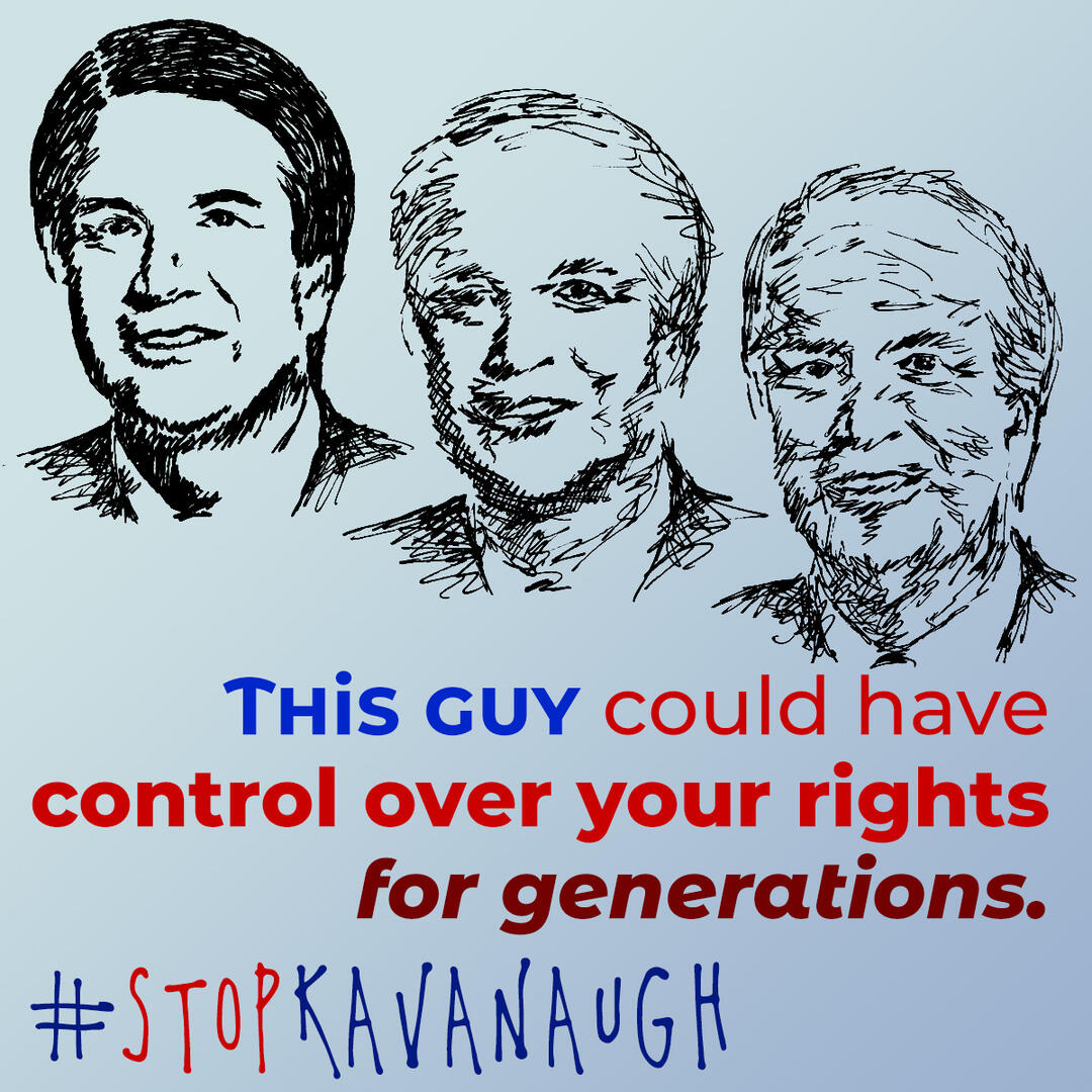 square web graphic: stop Brett Kavanaugh with pen illustrations
