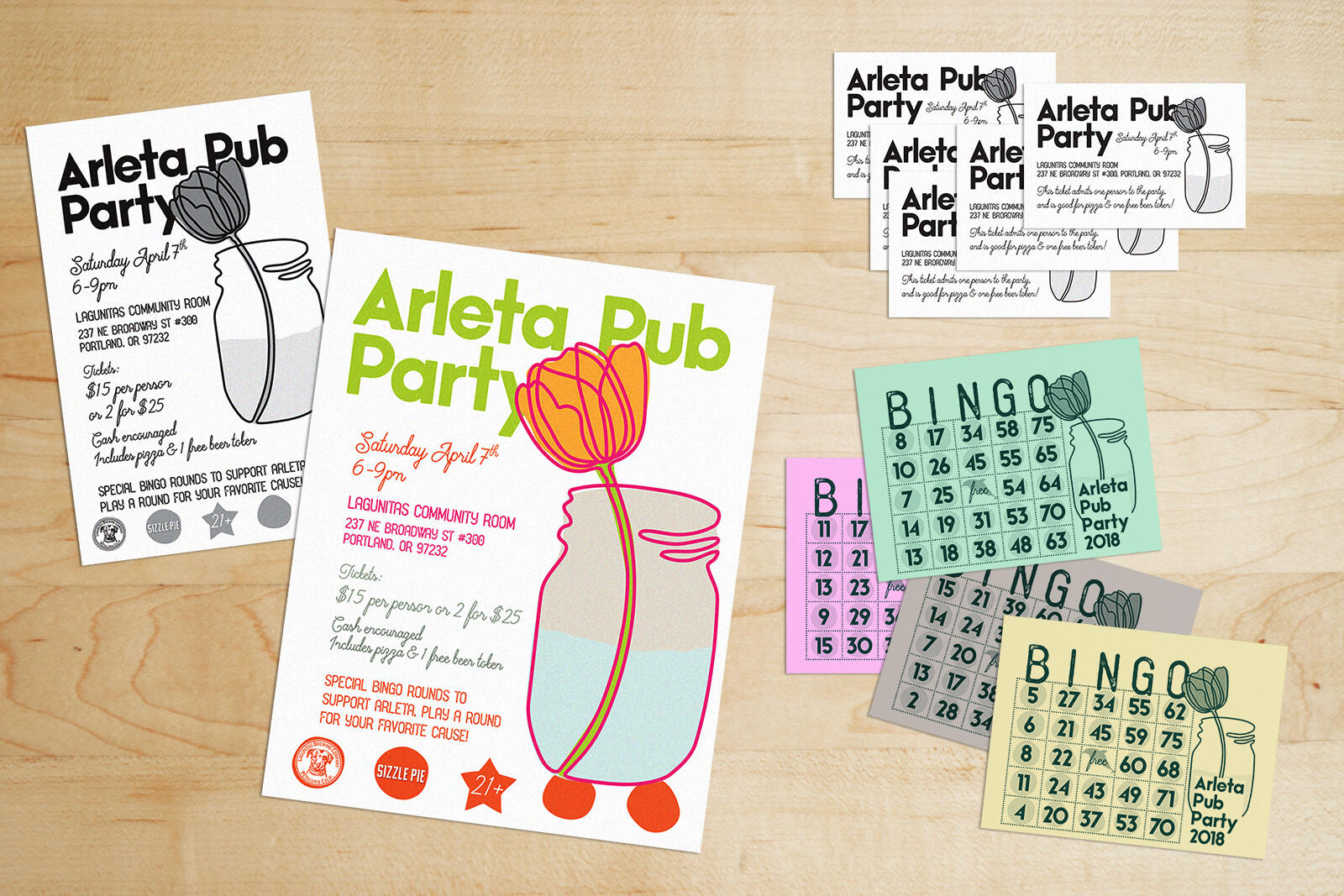 mockup of Arleta Pub Party flyers, cards, and bingo cards in different colors