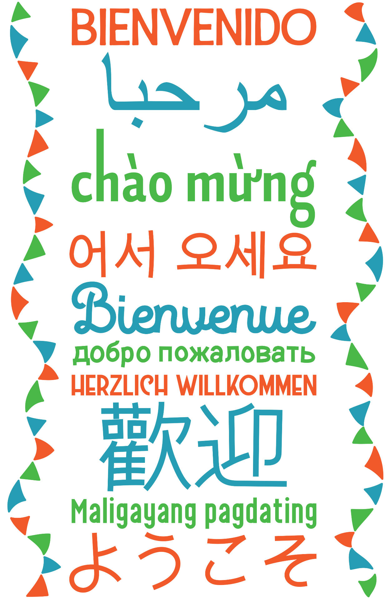 poster in colors on white saying "welcome" in ten languages with pennants up the sides