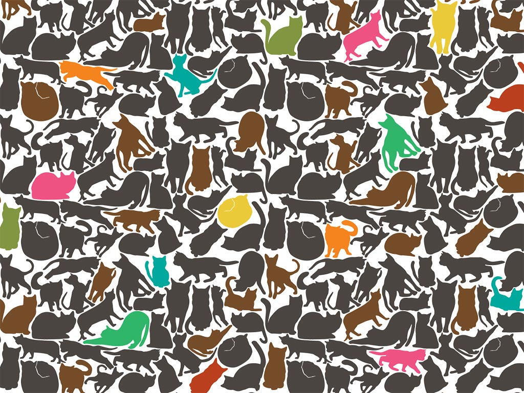 pattern made up of digital drawings of cats in all different positions, mostly dark grey, some bright colors