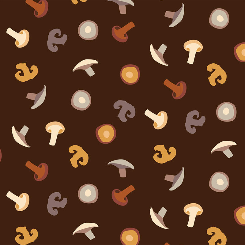 pattern made of digitally drawn mushrooms, floating around with dark brown background