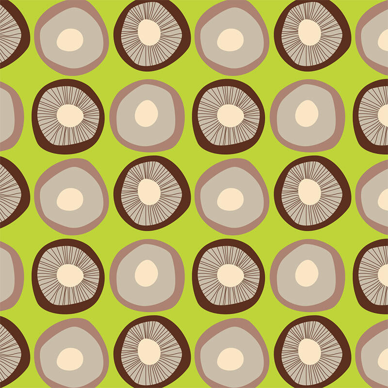 digital drawings of undersides of mushrooms lined up in a grid with green background