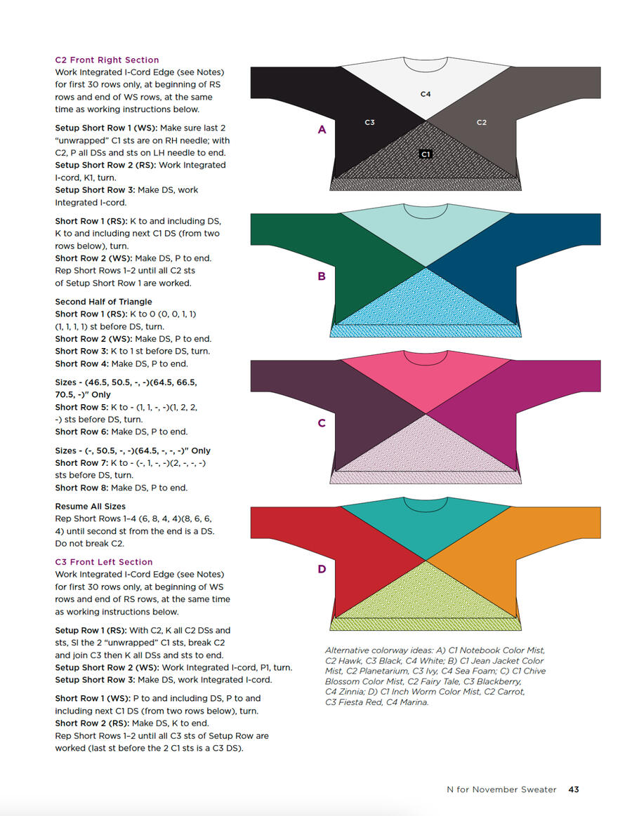 inside book page with 4 diagrams of colorblock pullover each filled in with different colors