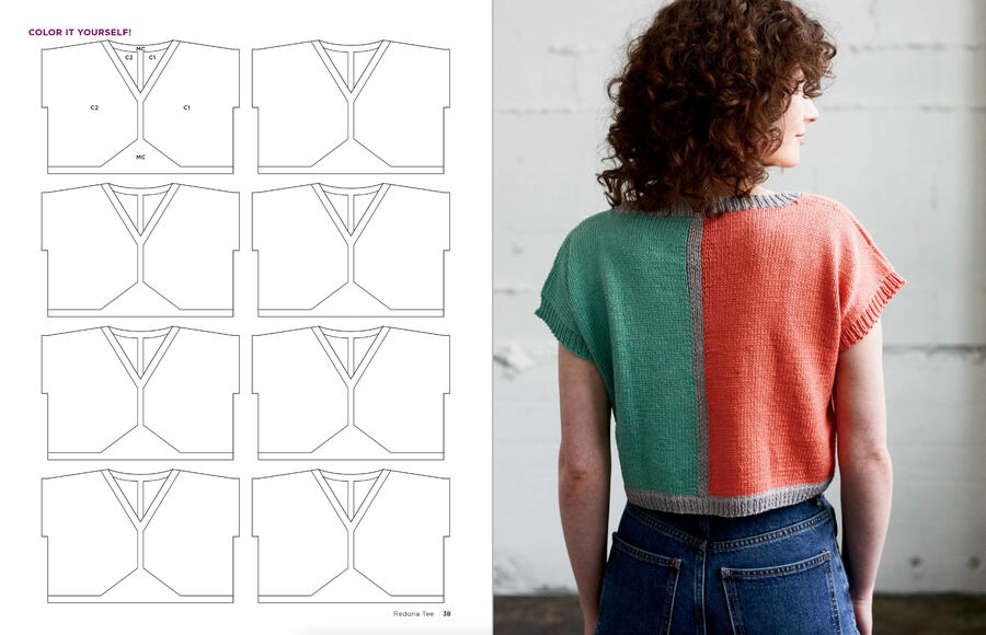 inside book spread, line diagrams of tee on the left and photo of model wearing it on the right