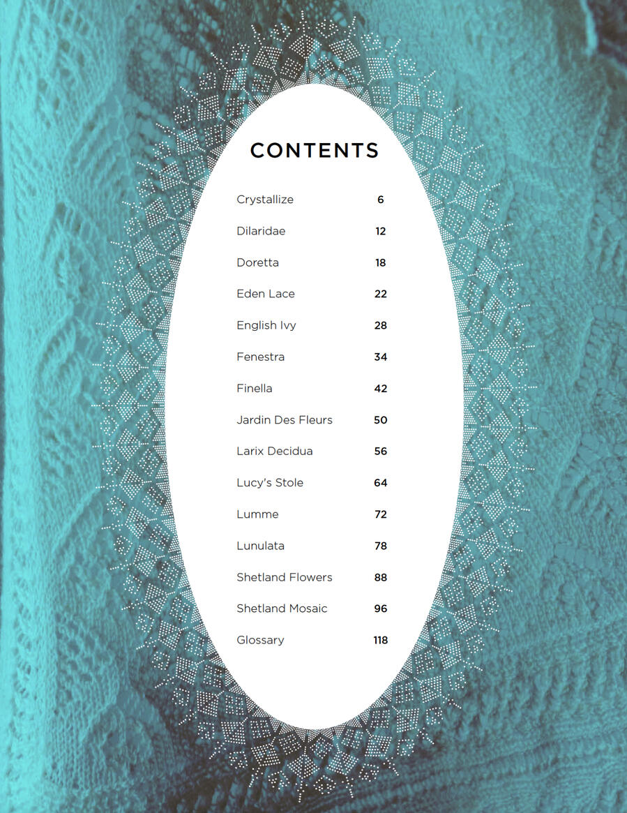 Table of Contents with pages listed in an oval surrounded by a lace cutout over blue lace photo