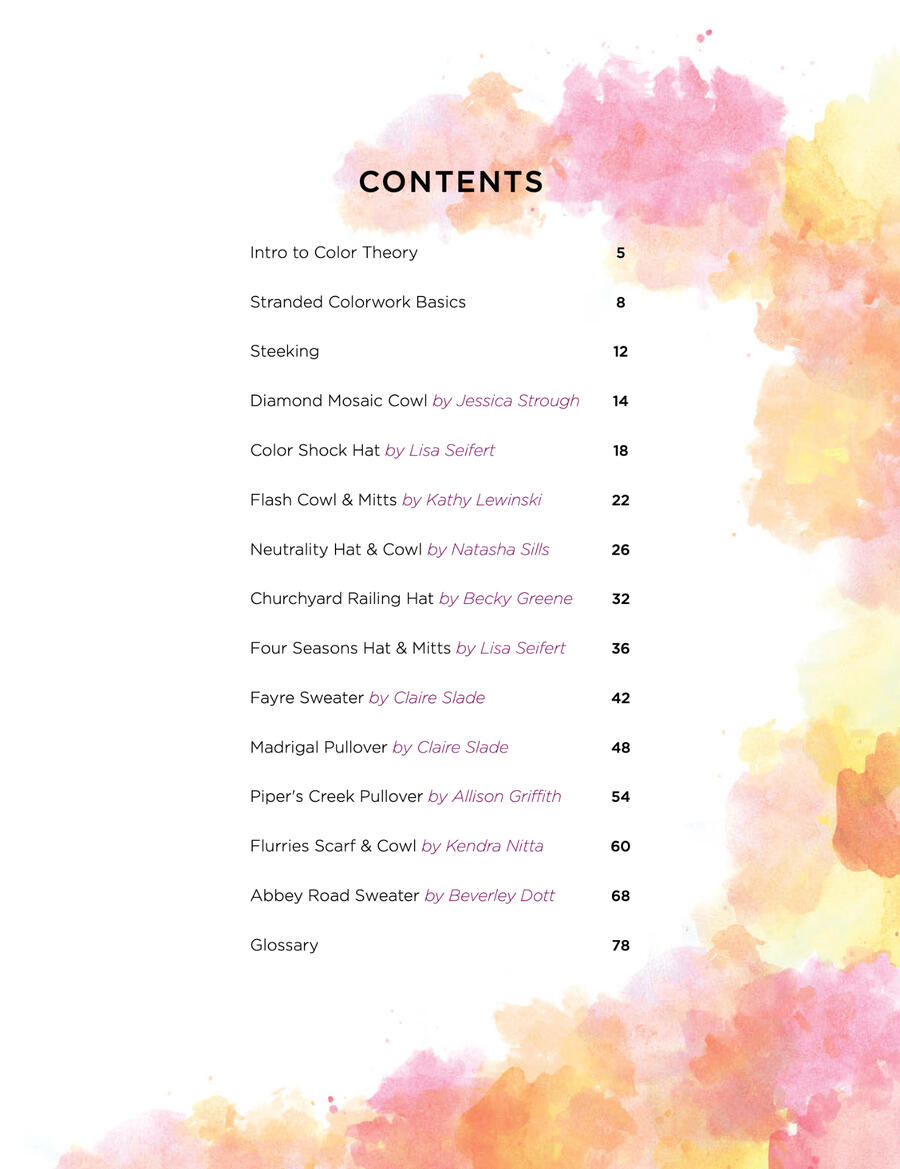 Table of Contents page with watercolor splotches around the right and bottom sides