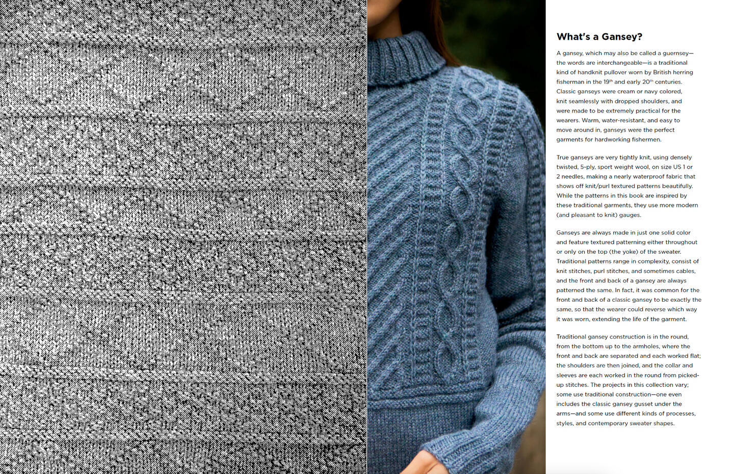 inside book spread: left side is black and white closeup of knit texture pattern, right side is photo of sweater and text