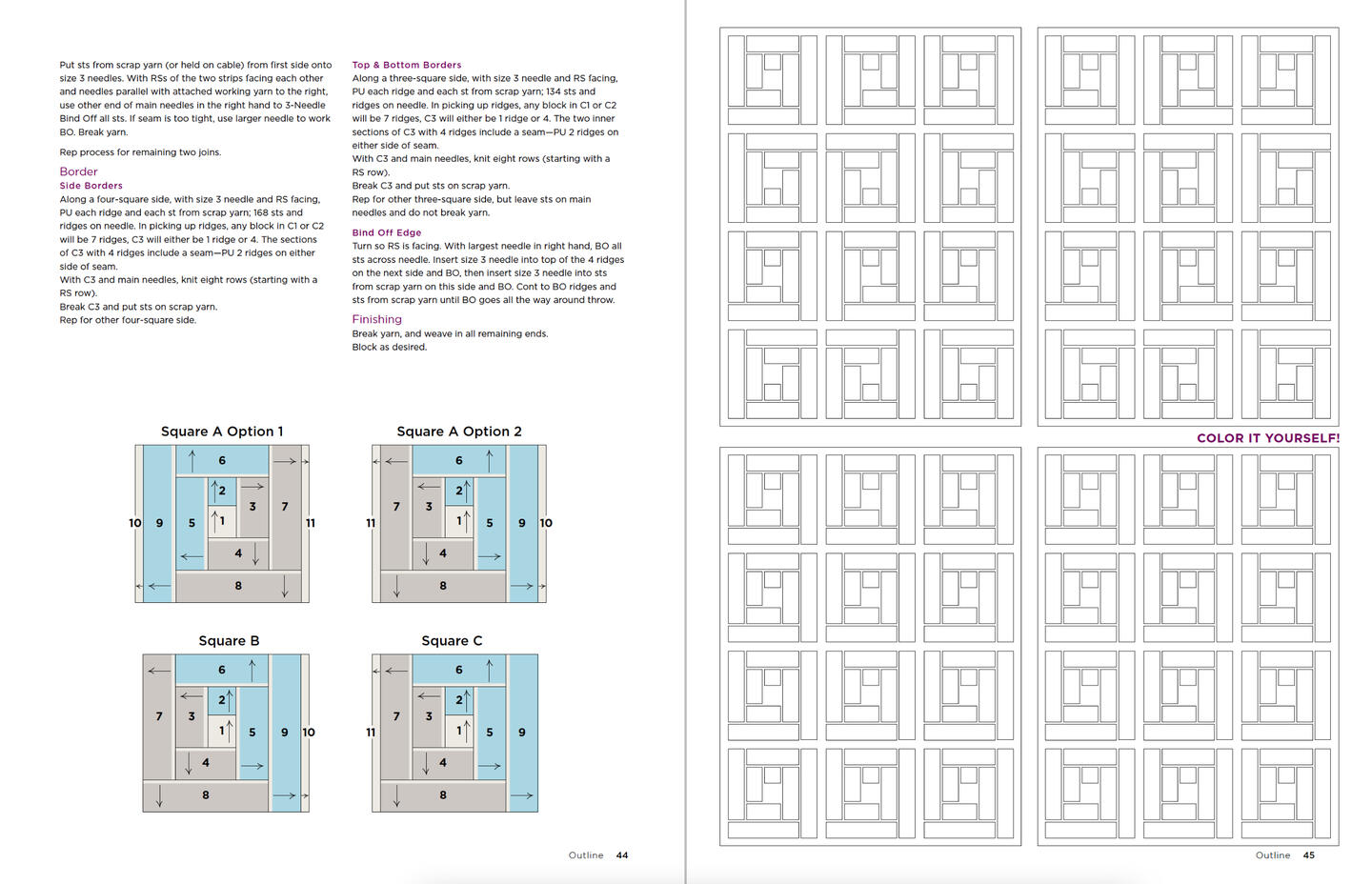 interior book spread with pattern diagrams and color-it-yourself illustrations