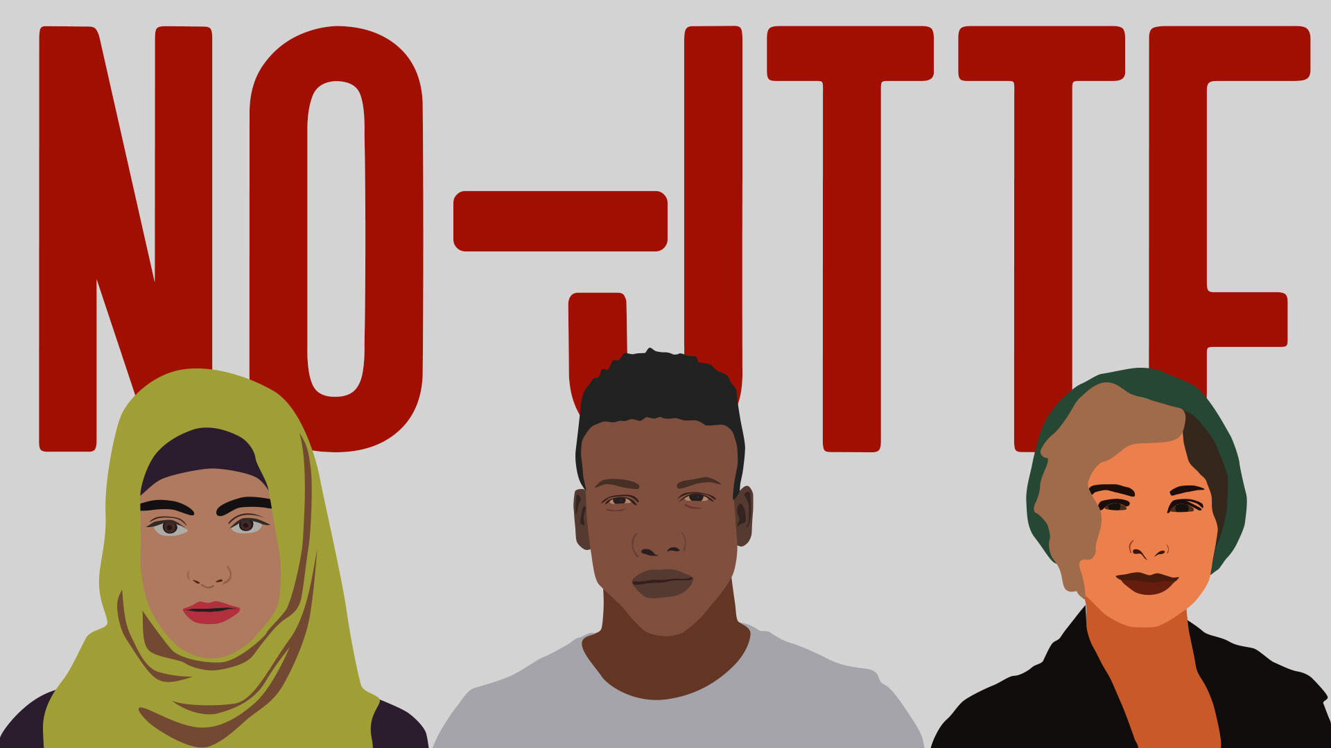 "No–JTTF" in big condensed red letters in the background and digital illustrations of three people in the front
