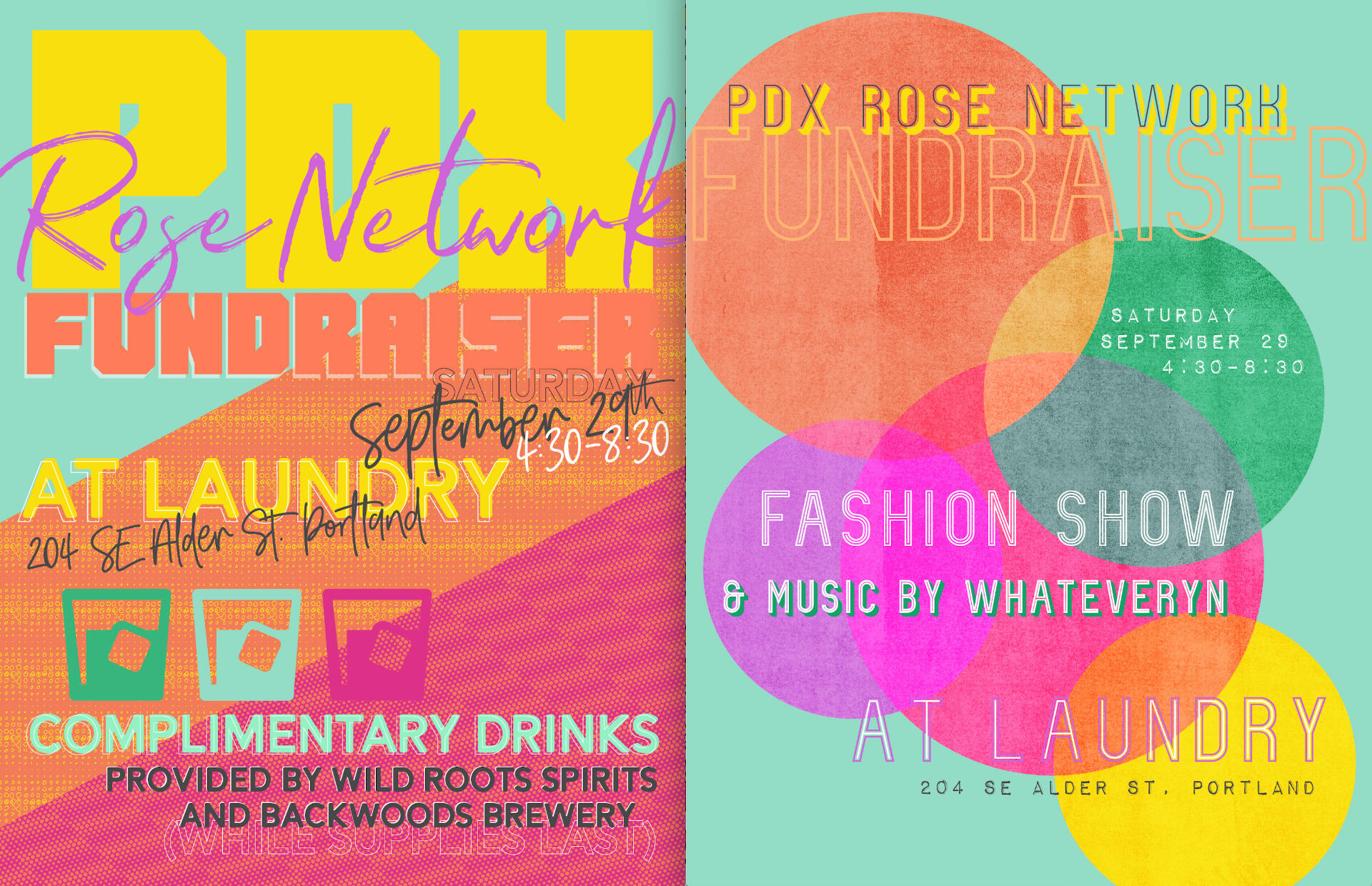 two event flyers for PDX Rose Network Fundraiser fashion show in bright colors