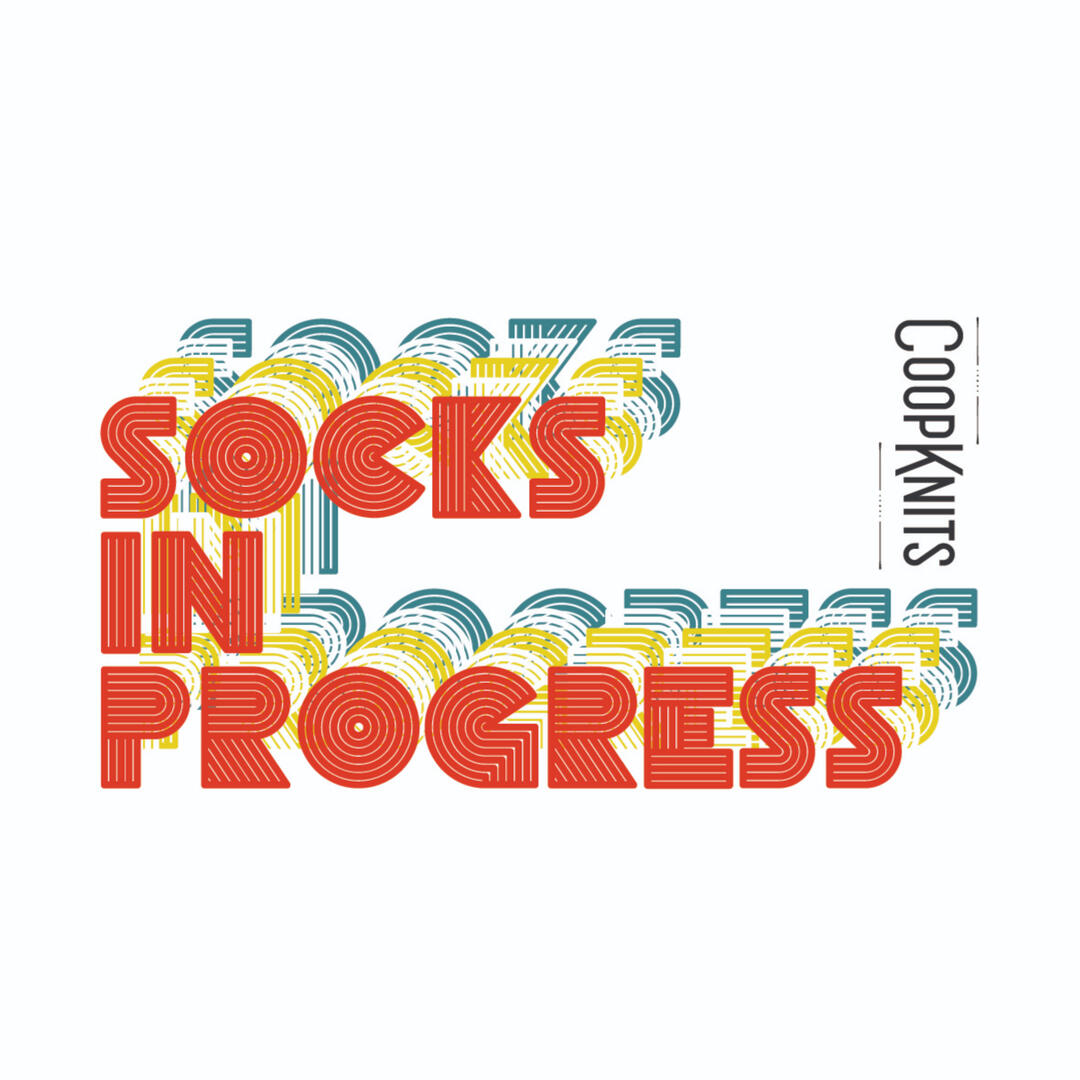 Socks in Progress type design with layers of letters and CoopKnits logo on the side