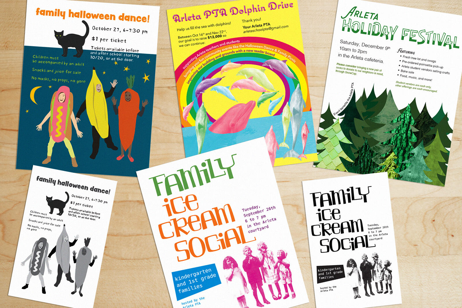 six flyers: halloween dance color & greyscale, family ice cream social color & greyscale, PTA Dolphin Drive, Holiday Festival