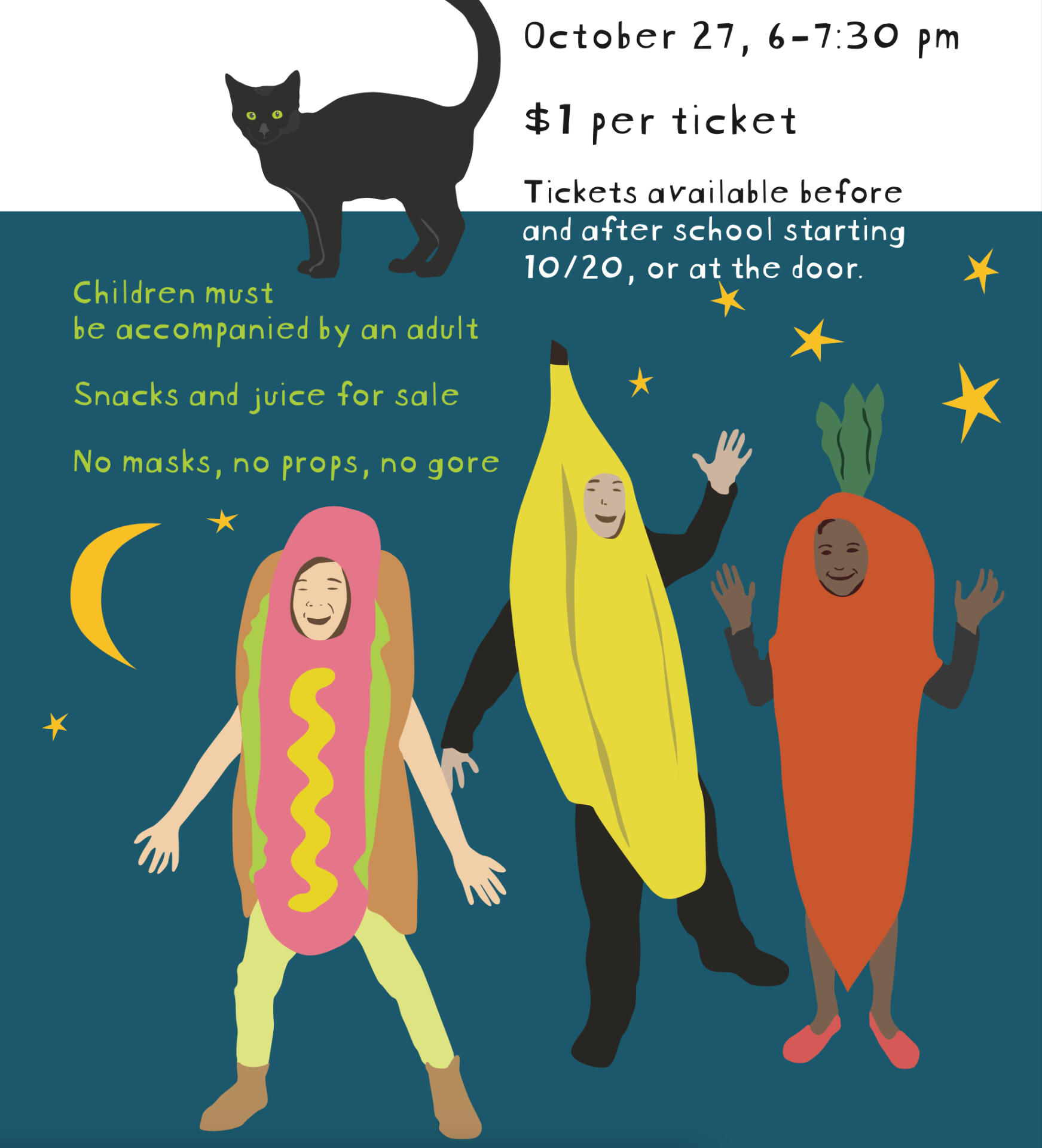 closeup of PTA halloween dance flyer with digital illustrations of black cat and 3 kids in costumes (hot dog, banana, carrot)
