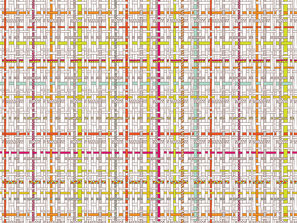 pattern hand-drawn with pen, colored in bright colors: woven lines with some textured