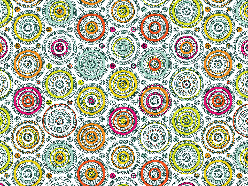 pattern hand-drawn with pen, colored in bright colors: circles with smaller circles and lines