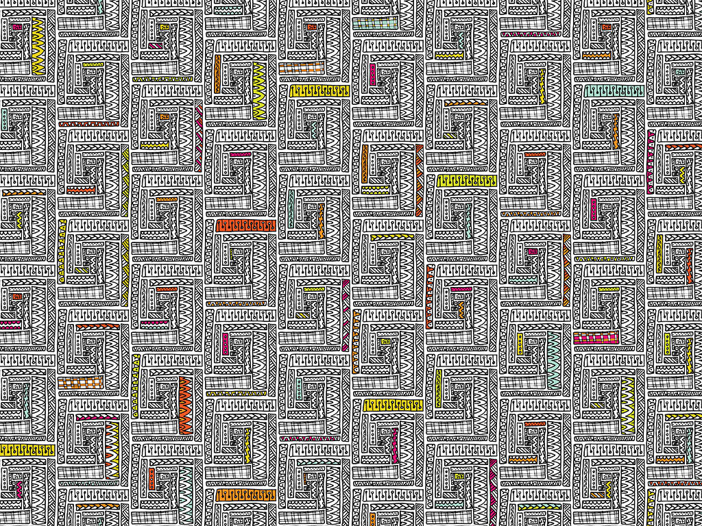 pattern hand-drawn with pen, colored in bright colors: boxes made up of rectangles with lines