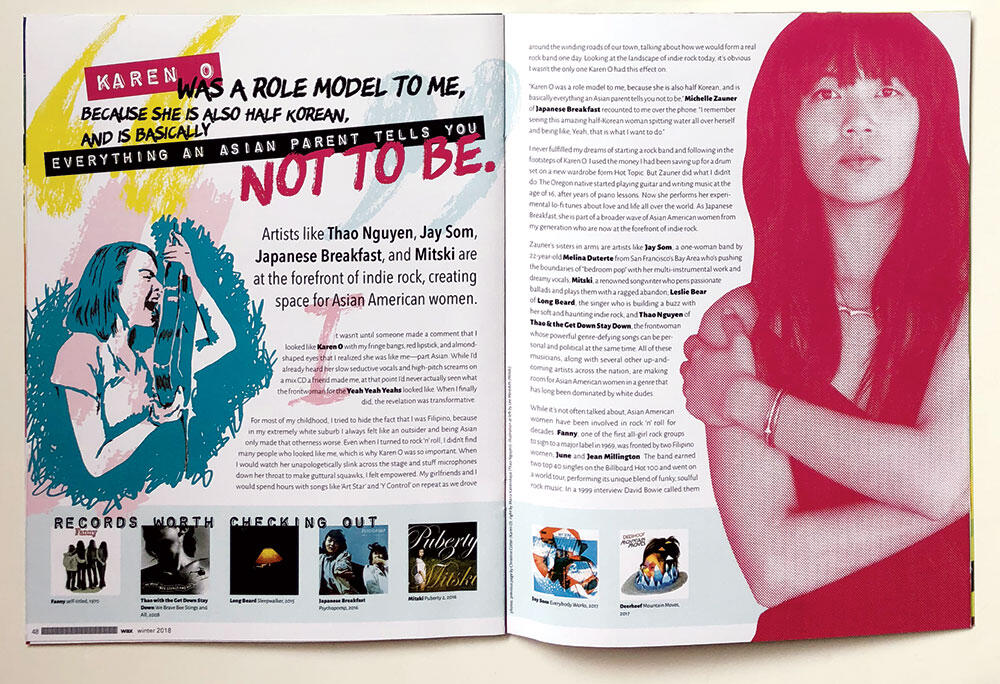 magazine spread: pull quote, drawing of Mitski, pink bitmap photo of Thao, type, album covers along bottom