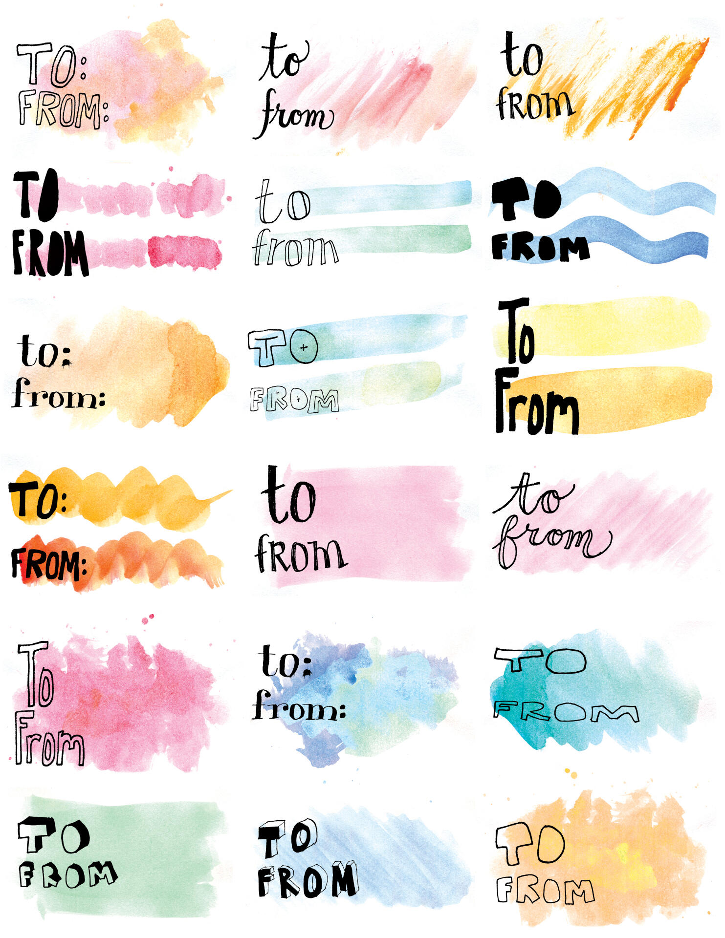 page of to-froms with the words to and from hand-lettered in pen, and blobs or lines of watercolor behind each one
