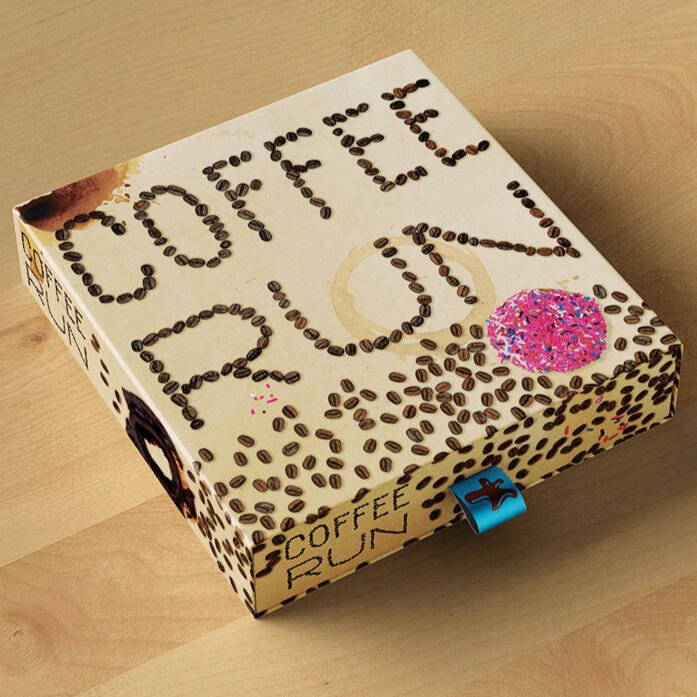 box with "COFFEE RUN" in coffee beans, more beans, and a pink doughnut