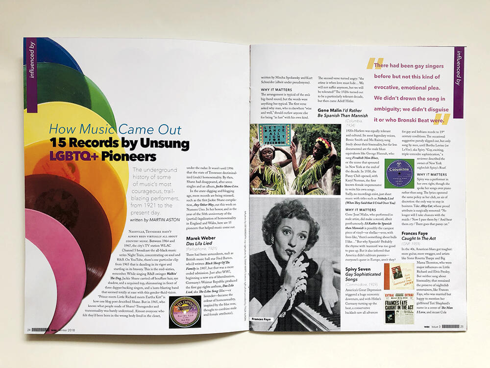 magazine spread: How Music Came Out: 15 Records by Unsung LGBTQ+ Pioneers, with small type, photos of colored vinyl,other photos