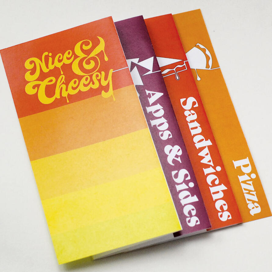 red/orange/yellow/purple folded menu, cover "Nice & Cheesy" and categories Apps & Sides, Sandwiches, Pizza