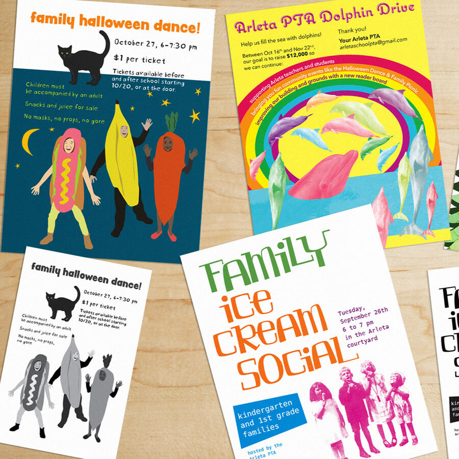 mockup of flyers stacked, with colorful lettering and illustrations