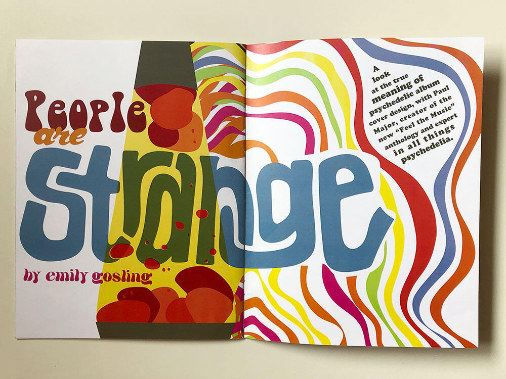 magazine spread: People are Strange in psychedelic lettering with lava lamp illustration