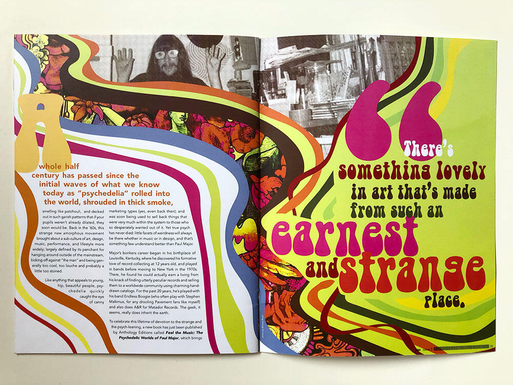 magazine spread: psychedelic story thread with more funky line illustrations and pull quote