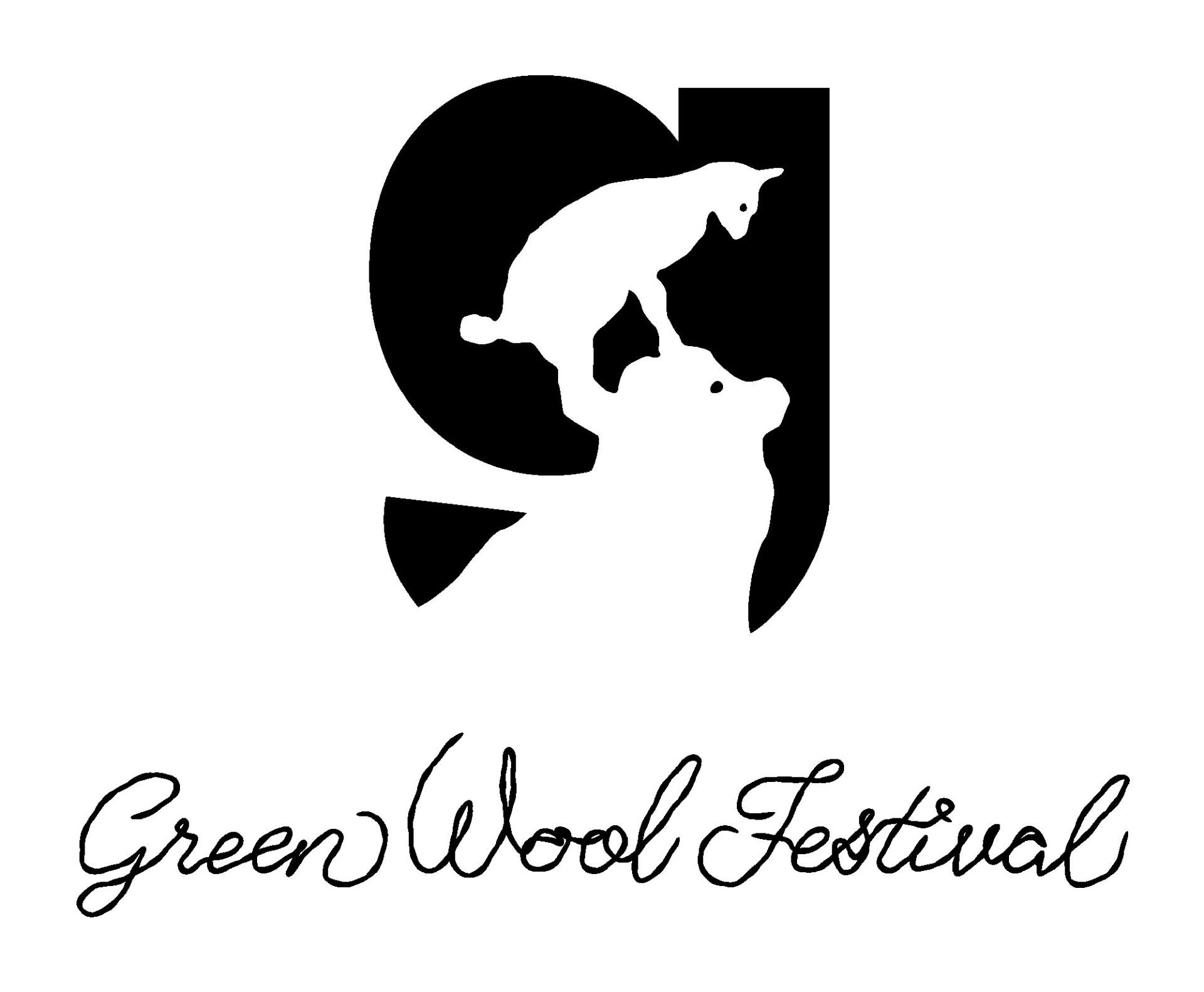 Green Wool Festival logo: those words in script and "g" with cutout of lamb on sheep's head