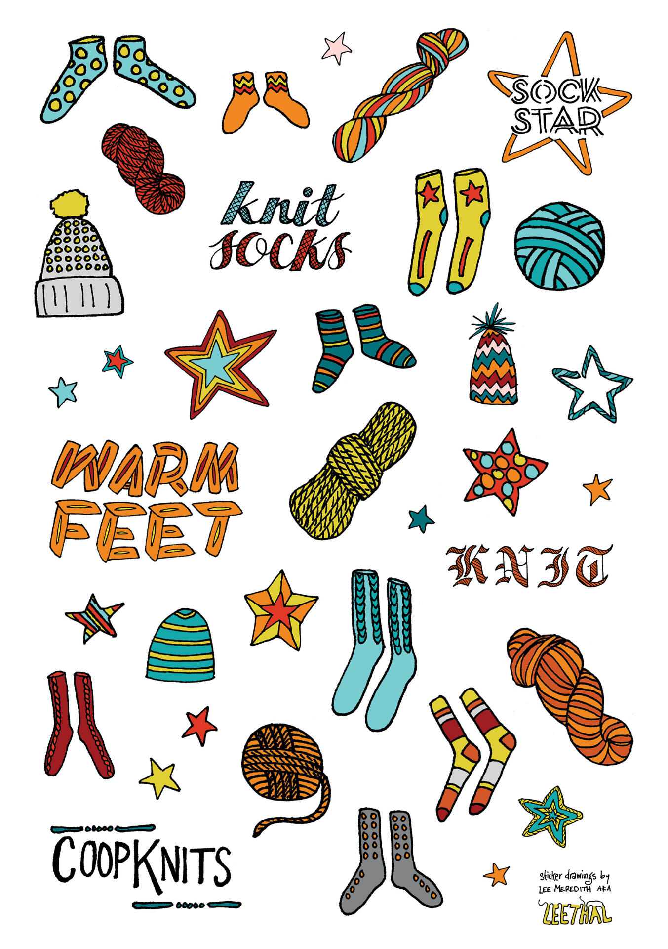 sticker sheet of pen-drawn socks, yarn, stars, etc, colored in with oranges, yellows, reds, blues