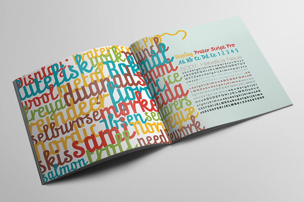 Open book spread: overlapping colorful words