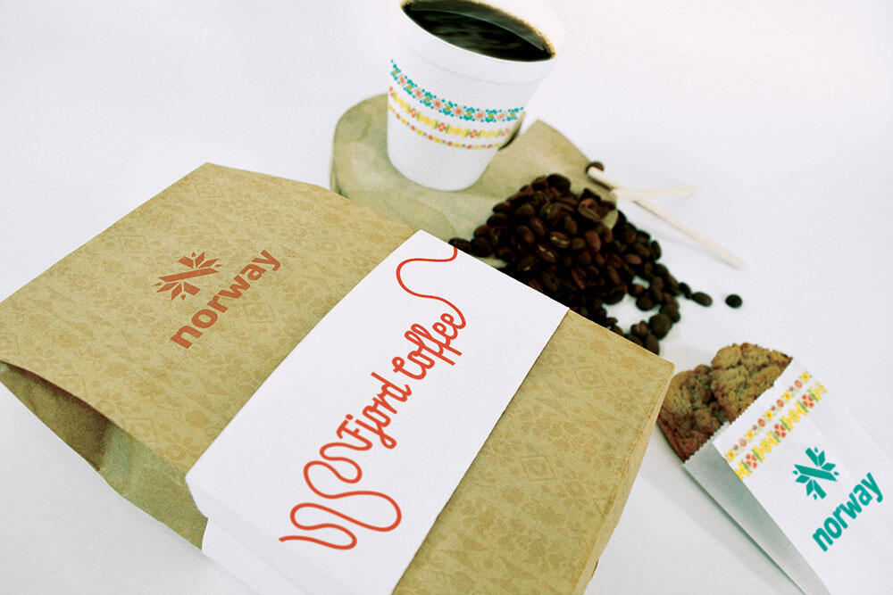 "Fjord Coffee" box with norway logo, coffee cup with ribbons in background