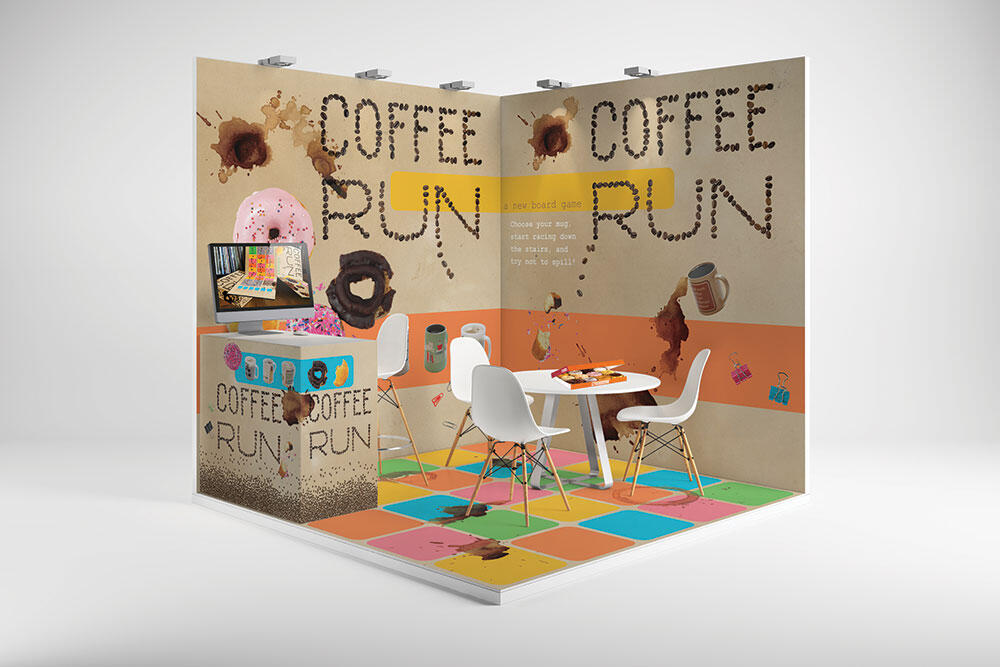 mockup of trade show cube, with game visual theme printed on walls and floor