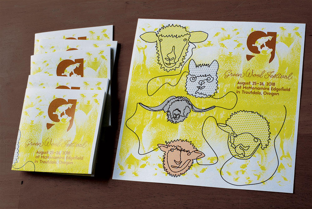 square page with sheep line drawing, and stack of folded pages with "g" lamb and sheep logo on top