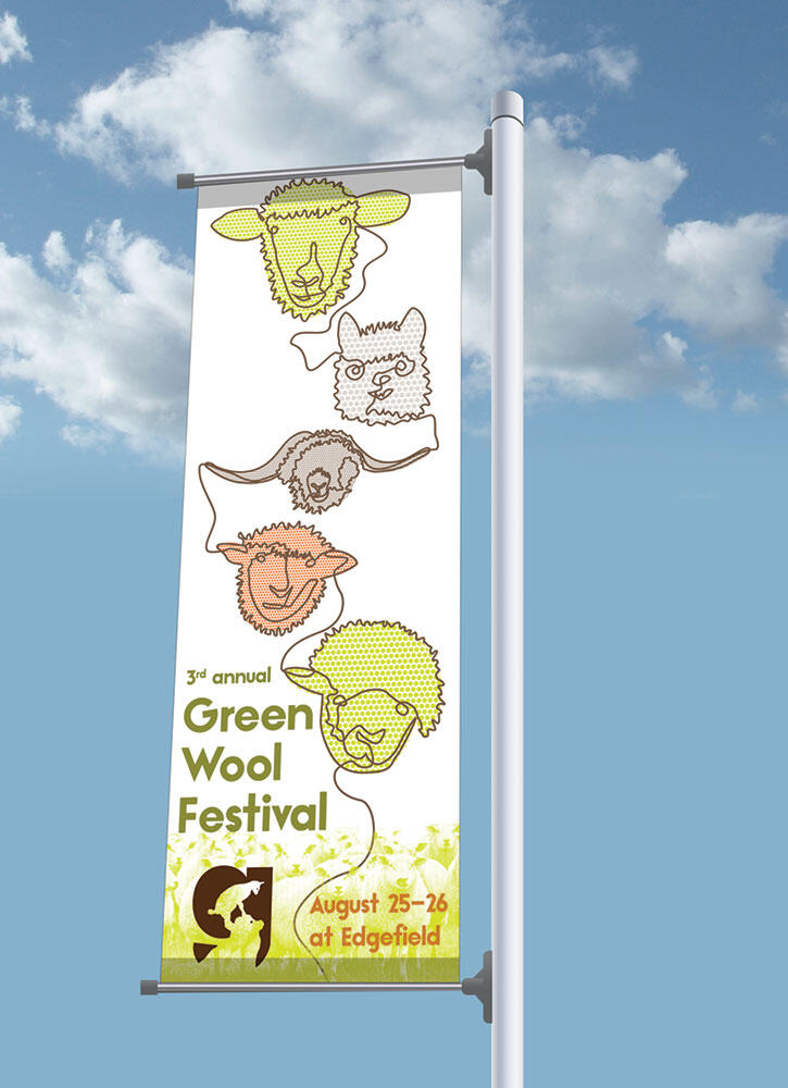vertical banner sign in front of blue sky with sheep line drawing and name, logo, info
