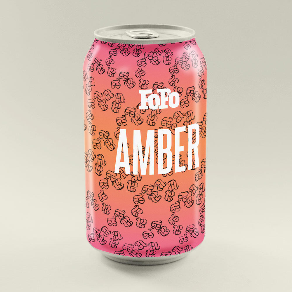 beer can "FoPo Amber" pink background with pen-drawn "a" repeating pattern