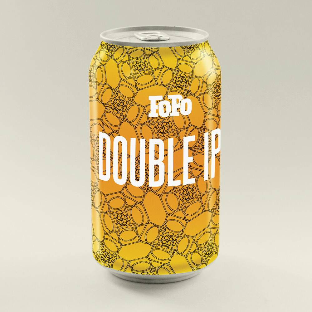beer can "FoPo Double IPA" yellow background with pen-drawn "D" repeating pattern