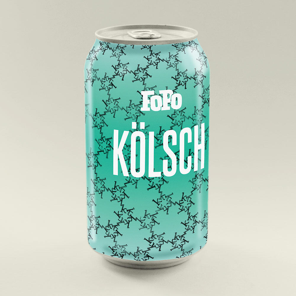beer can "FoPo Kolsch" teal background with pen-drawn "k" repeating pattern