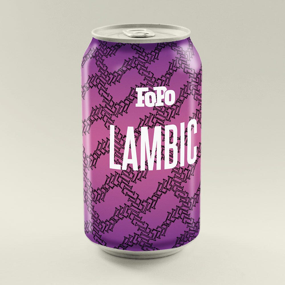 beer can "FoPo Lambic" purple background with pen-drawn "L" repeating pattern