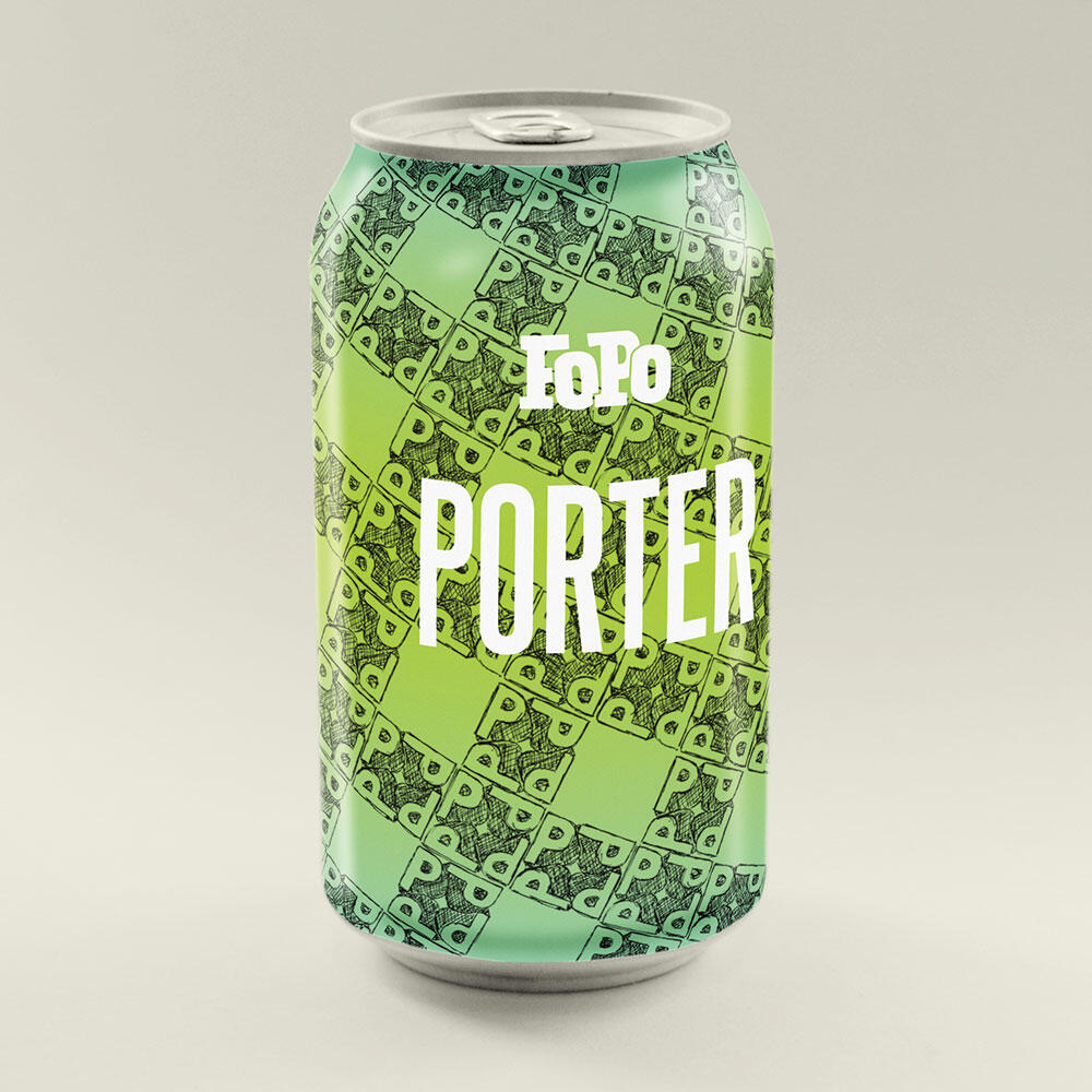 beer can "FoPo Porter" green background with pen-drawn "P" repeating pattern
