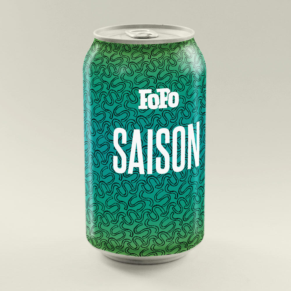 beer can "FoPo Saison" turquoise background with pen-drawn "s" repeating pattern