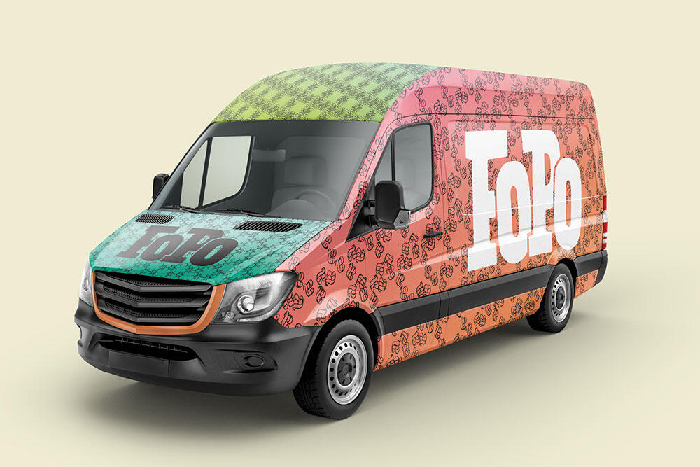 van mockup with different colored repeating patterns on the sides and top and big FoPo logo on the side and front