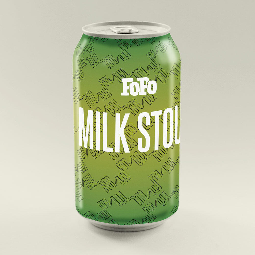 beer can "FoPo Milk Stout" green background with pen-drawn "m" repeating pattern