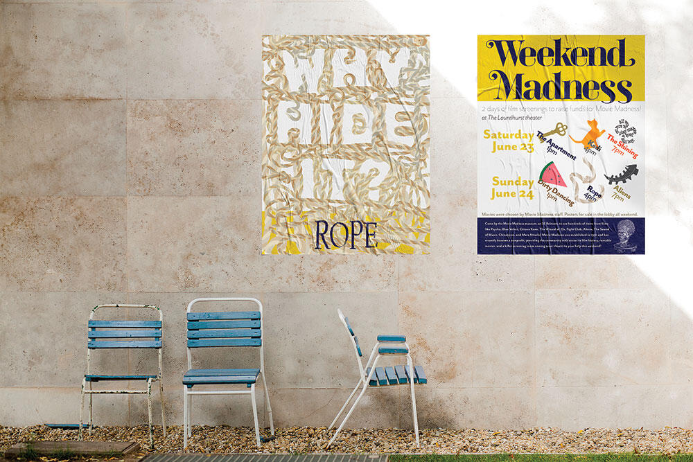 Rope and Weekend Madness posters mocked up on a wall with chairs in front of it