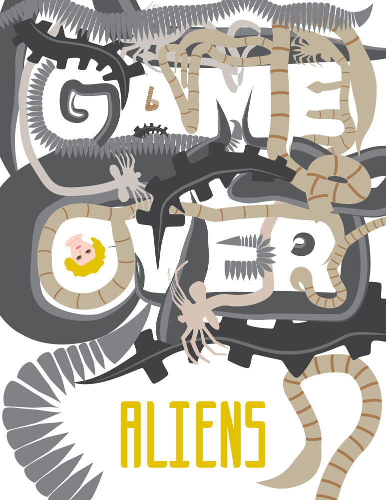 movie poster for Aliens with the words Game Over in the negative space created by illustrations of aliens