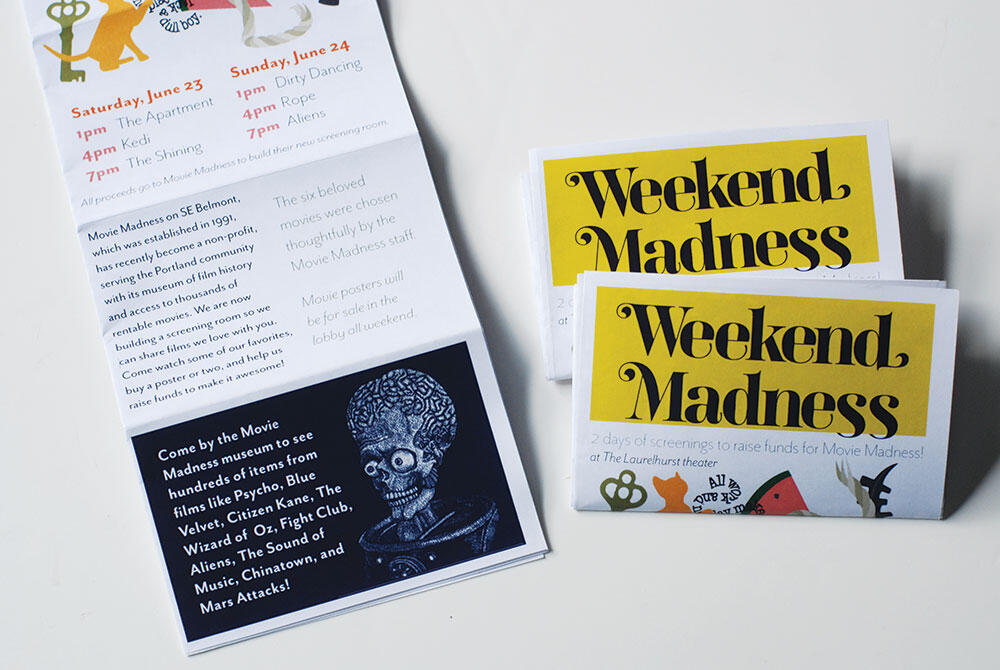Weekend Madness flyer folded up, with drawing of alien from Mars Attacks on the bottom