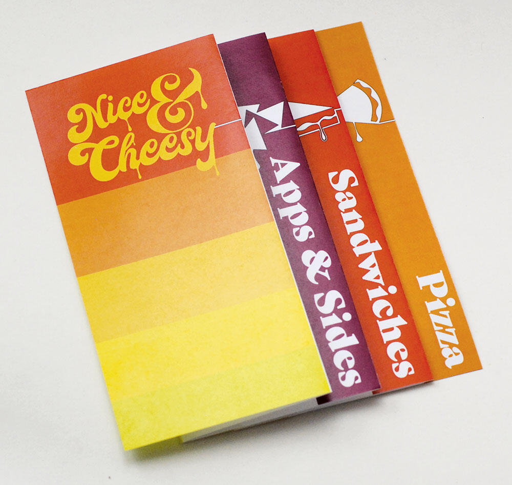 red/orange/yellow/purple folded menu, cover "Nice & Cheesy" and categories Apps & Sides, Sandwiches, Pizza