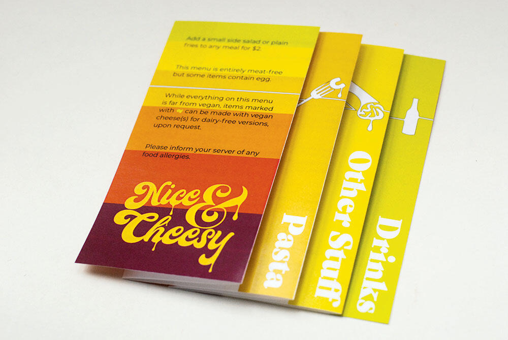 back of folded menu with Nice & Cheesy logo and categories Pasta, Other Stuff, Drinks